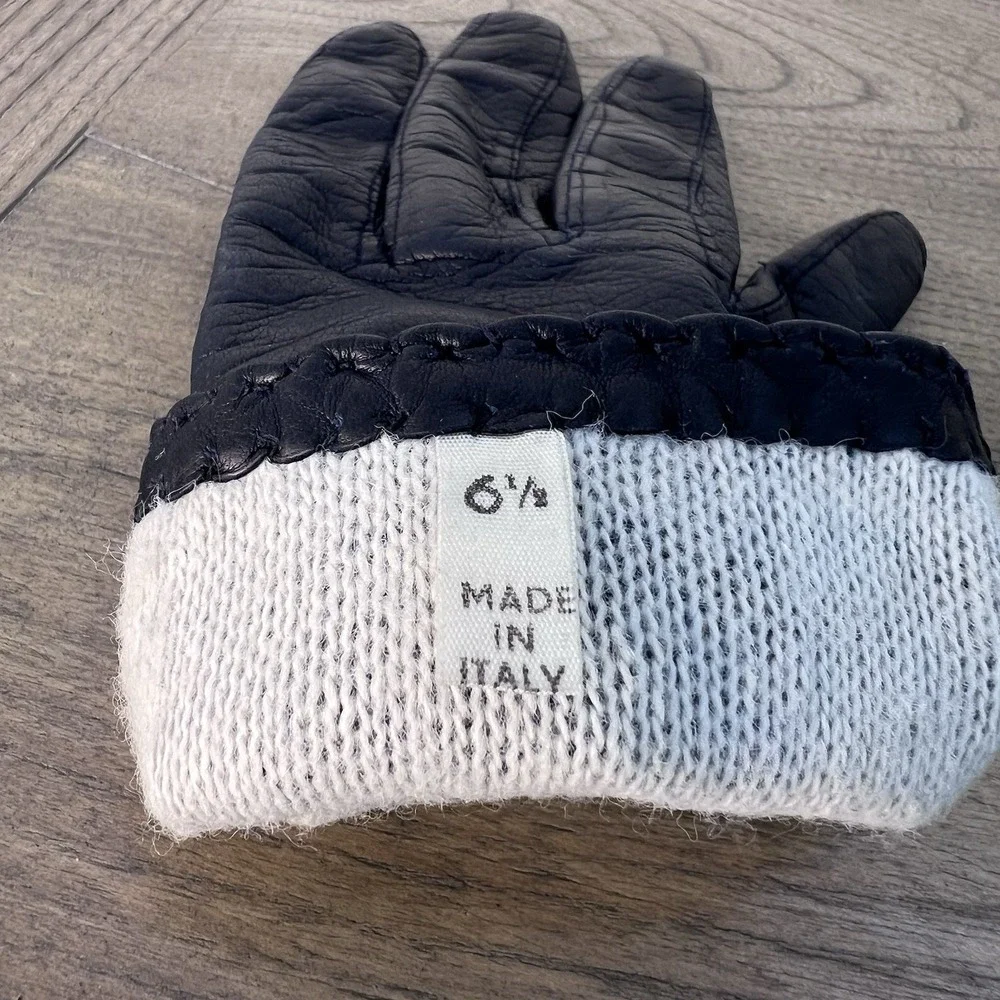Vintage Black Leather Gloves Size 6.5 Knit Lined Hand Stitched Made in Italy